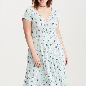 Bird Print Surplice Skater Dress